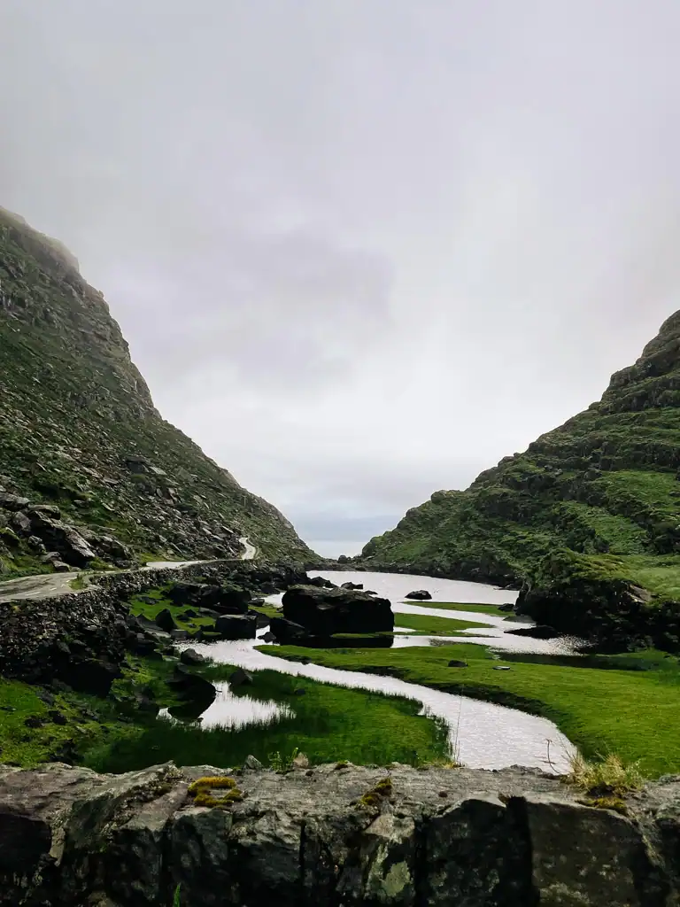 A windy river surrounded by greenery in the Gap of Dunloe. 