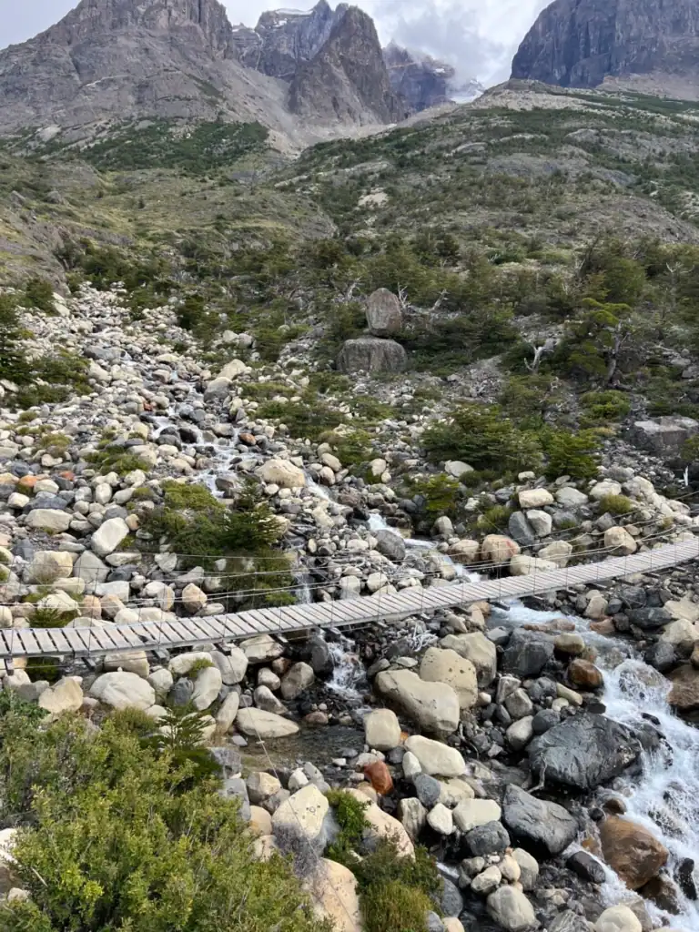 A suspension bridge on day 4 of the w trek  going from Cuernos to Chileno. 