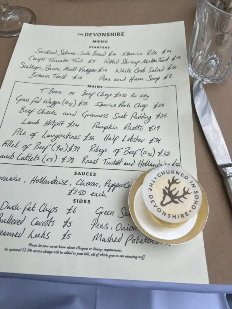 The menu and fancy butter at the Devonshire. 