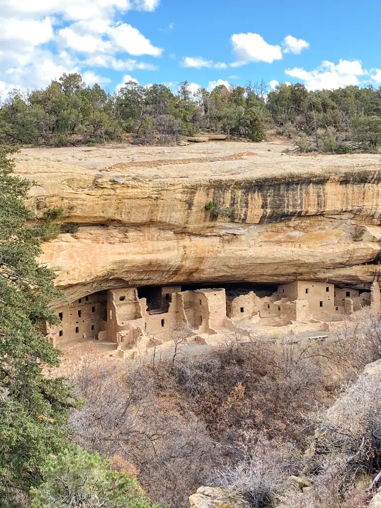 view of the pueblo dwellings at Mesa Verde national park. 