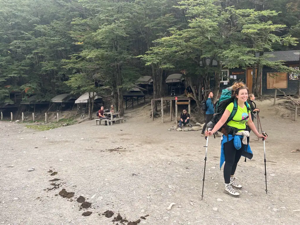 A hiker ready with pack and poles in the Chileno camp on day 4 of the w trek. 