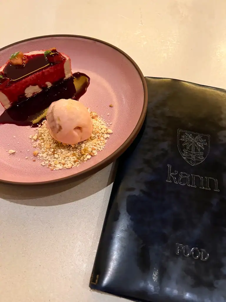 A dessert with a small pink scoop of ice cream and the kann menu to the right. 