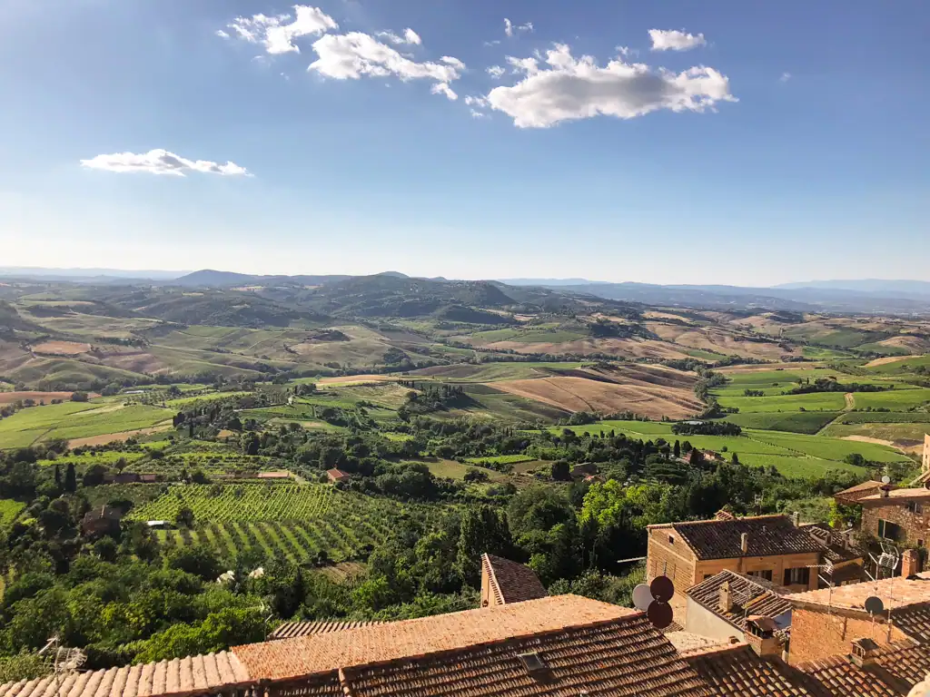A view overlooking roofs and vineyards of the Val d'Orcia near Montalcino. 