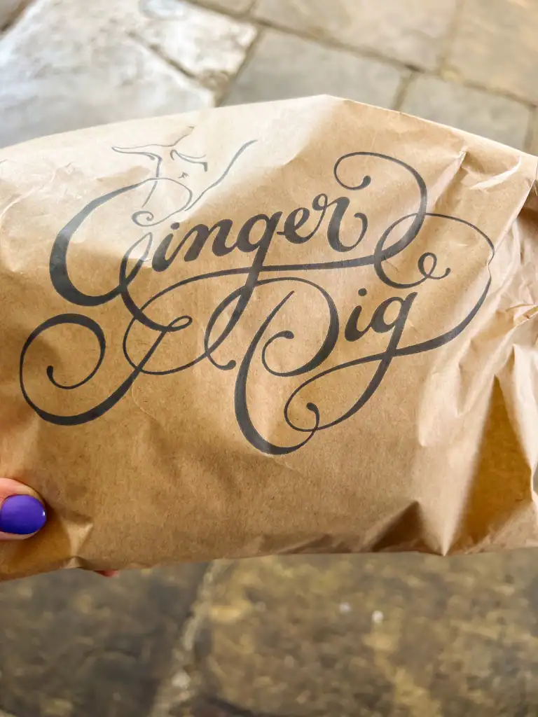 A close up of the Ginger pig bag. 