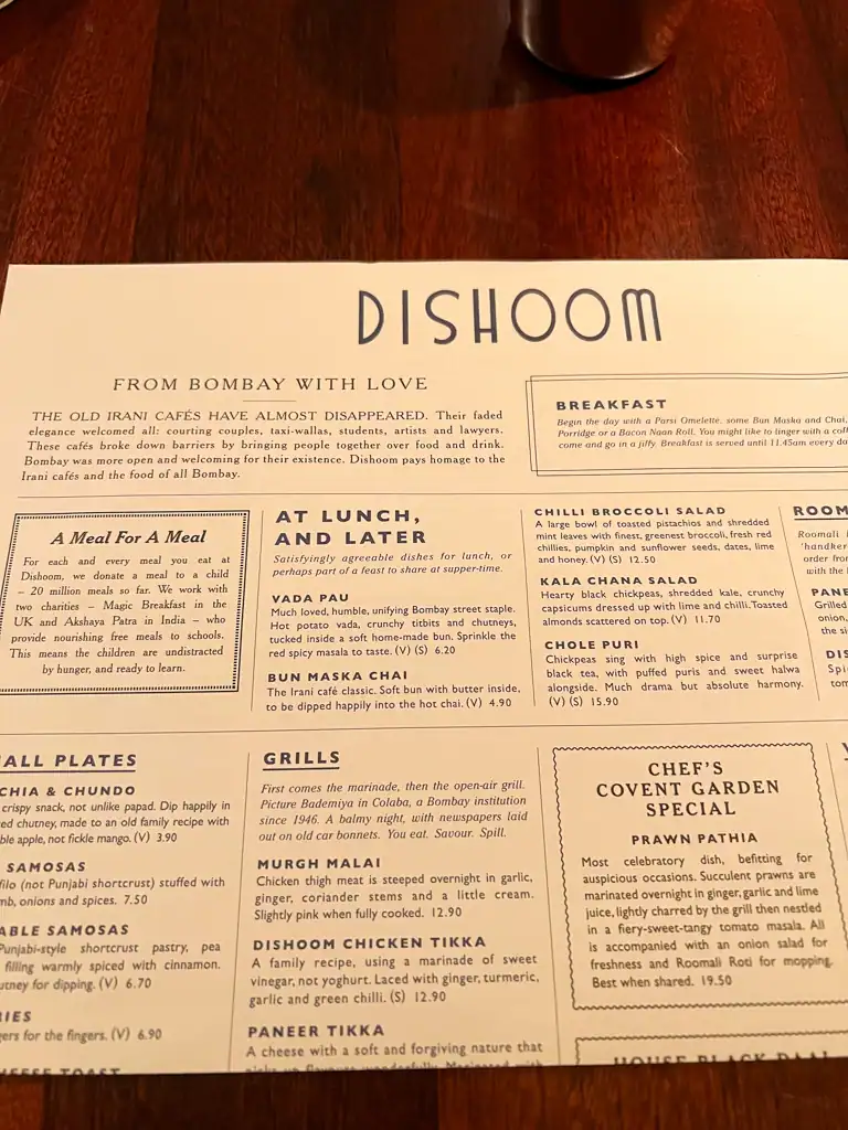 The dishoom menu at dishoom in London.