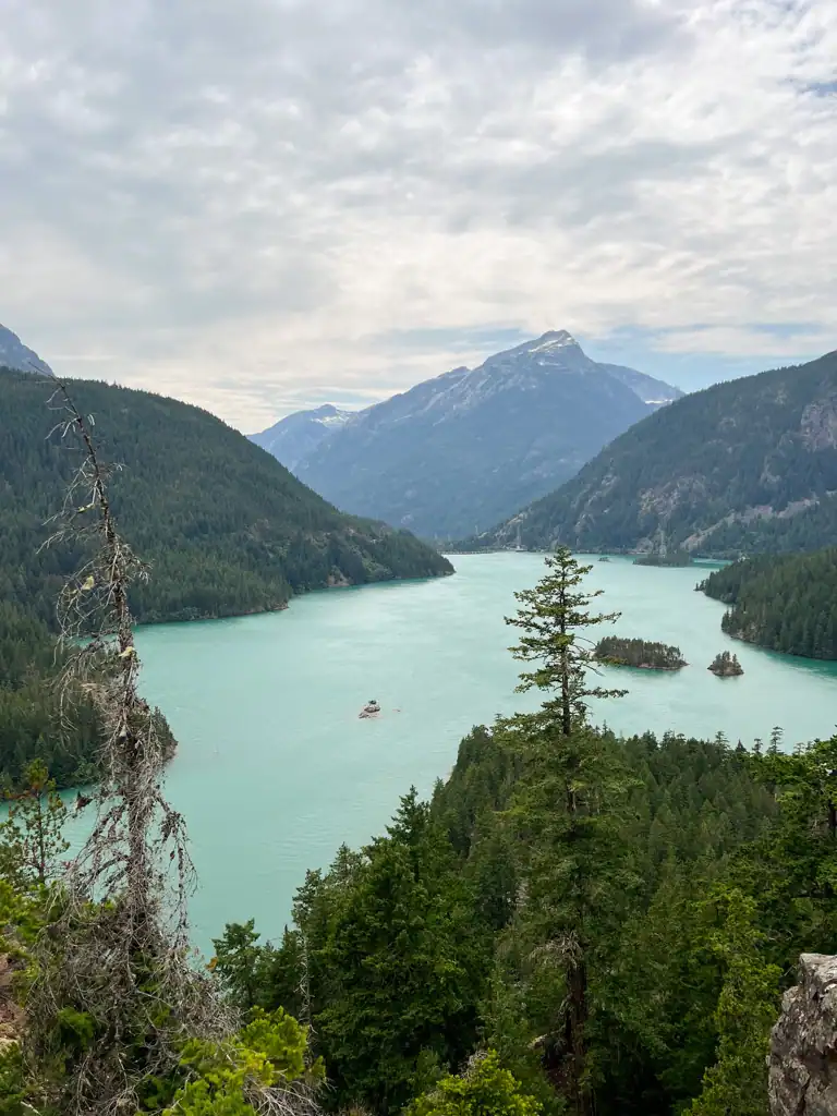 A high up viewpoint of Diablo lake in North Cascades National Park.