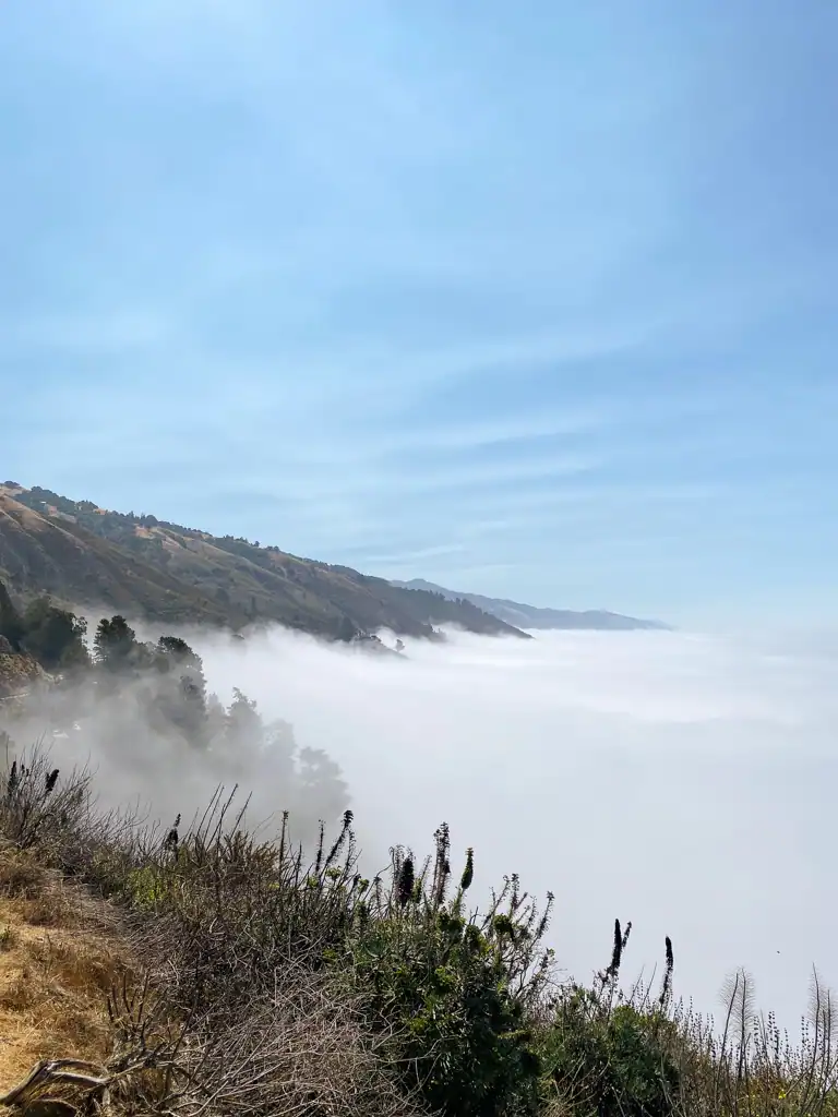 Fog sits over big sur covering the ocean completely. 
