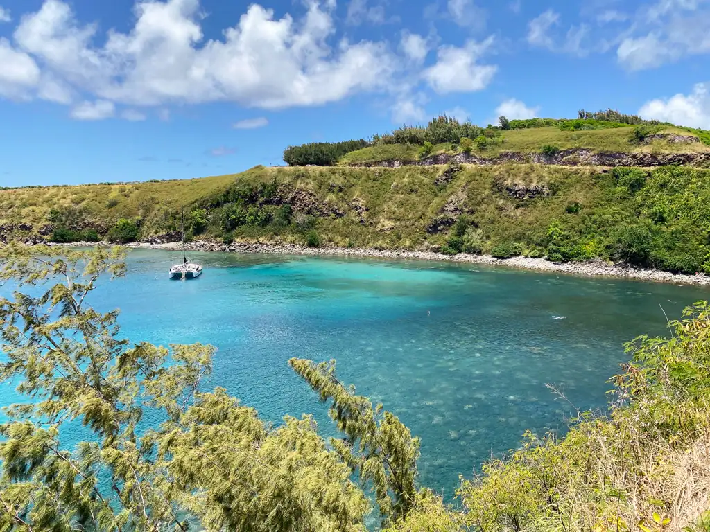 Blue/turqoise water overlooking a bay with a boat in it. Trees line the foreground. 