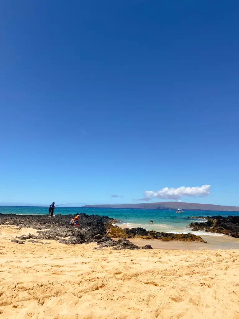 Golden sand beach with a rock outcroppings, fishers and swimmers in the ocean. 