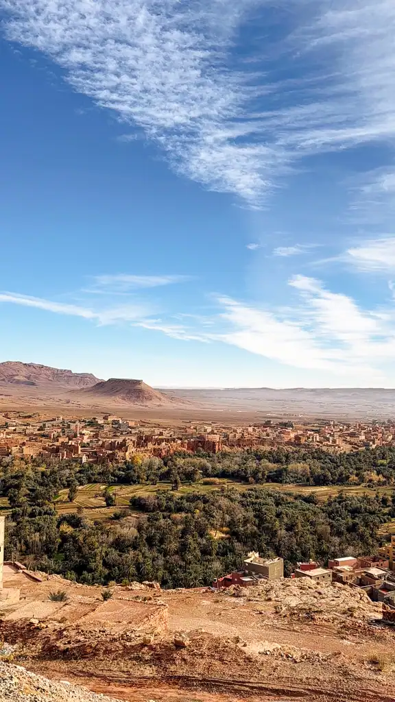 A view overlooking moroccos golden buildings and green trees with a blue sky.
