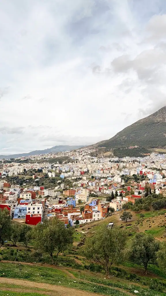 A daylight view overlooking Chefchouen with white, red and blue buildings. 