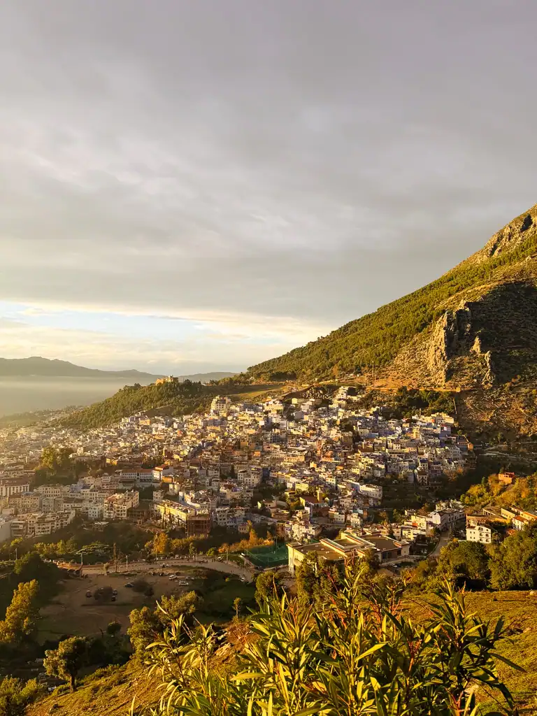 Sunset overlooking the mountain town of Chefchouen in Morocco. 
