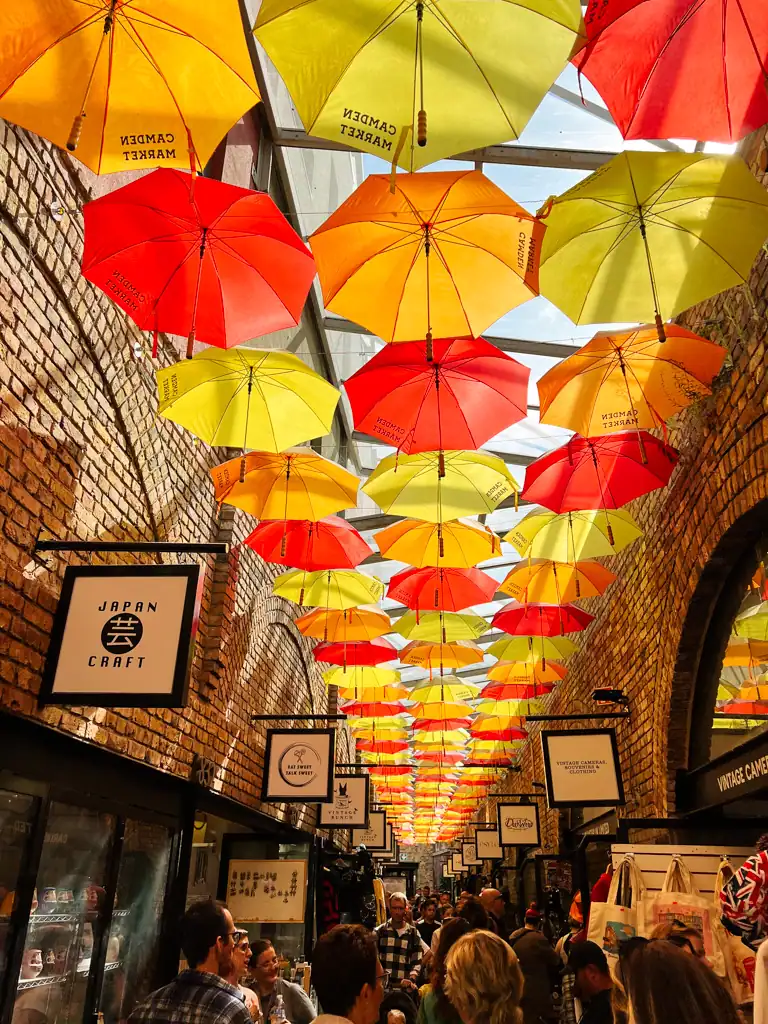 The colorful umbrellas that line the roof in camden market. 
