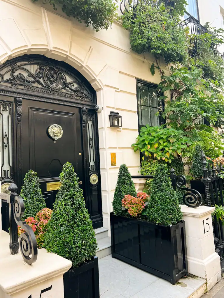 A regal black door on a white stone building surrounded by plants. 