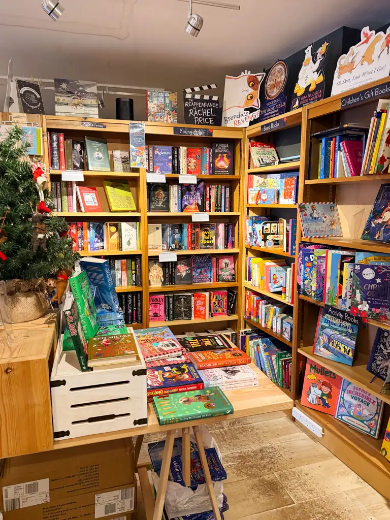 Shelves of books in a bookshop with christmas tree on the side. 
