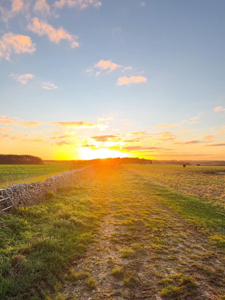 a sunset over the countryside in the cotswolds. 