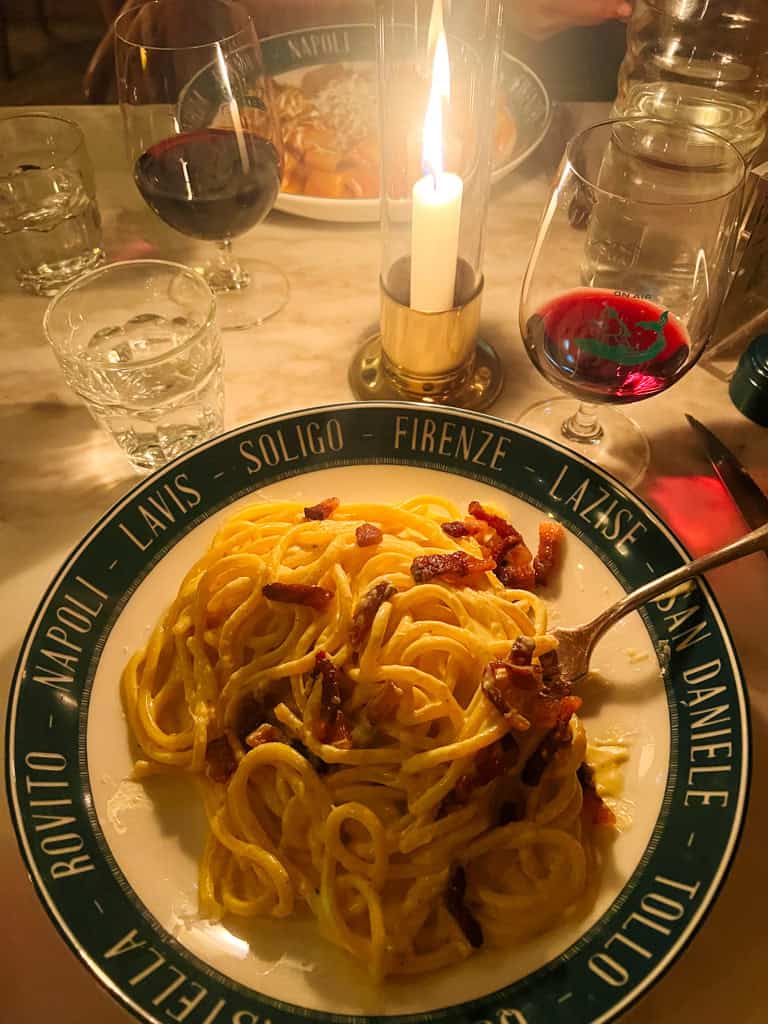 pasta carbonara at pink mamma in paris.