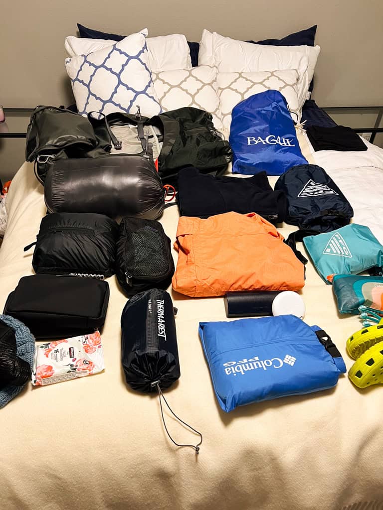 a bed witha  bunch of different sized bags sitting on it for the patagonia w-trek packing list. 